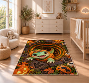 Cute dinosaur pumpkin costume area rug in a nursery with a wooden floor