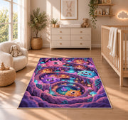 Cute fluffy monster crystal cave area rug in a nursery with a wooden floor