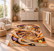 Cute mummy orange swirl area rug in a nursery with a wooden floor