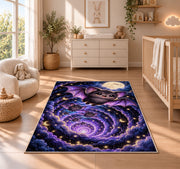 Cute bat full moon galaxy area rug in a nursery with a wooden floor