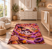 Cute ghost witch candy swirl area rug in a nursery with a wooden floor