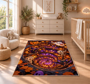 Halloween village underground tunnel area rug in a nursery with a wooden floor