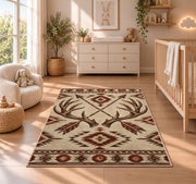 Antlers and Arrows rug in a nursery beside a crib and dresser