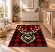 Buffalo Plaid Deer rug in a nursery beside a crib and dresser