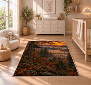 Tree Stand Sunrise rug in a nursery beside a crib and dresser