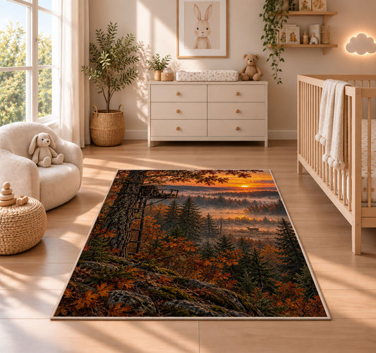 Tree Stand Sunrise rug in a nursery beside a crib and dresser
