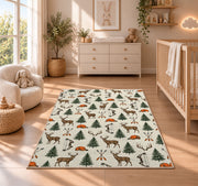 Hunting Icons Pattern rug in a nursery beside a crib and dresser