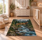 Leaping Deer Stream rug in a nursery beside a crib and dresser
