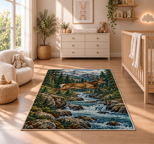 Leaping Deer Stream rug in a nursery beside a crib and dresser