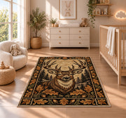 Woodcut Stag rug in a nursery beside a crib and dresser
