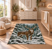 Winter Buck rug in a nursery beside a crib and dresser