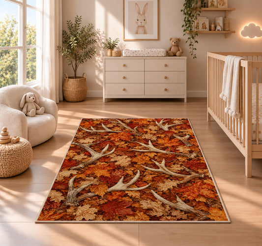 Shed Antlers Autumn rug in a nursery beside a crib and dresser