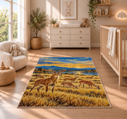 Deer Herd Meadow rug in a nursery beside a crib and dresser
