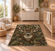Woodland Camo Buck rug in a nursery beside a crib and dresser