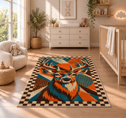 Pop Art Buck rug in a nursery beside a crib and dresser