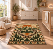 Mountain Lodge Emblem rug in a nursery beside a crib and dresser