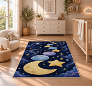 Golden Moon and Planets Rug, Navy Starry Space Area Carpet for Kids Bedroom and Nursery Decor - image 4