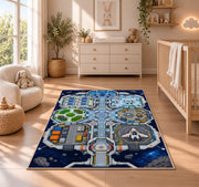 Space Station Road Map Rug, Blue Futuristic City Area Carpet for Kids Bedroom and Playroom Decor - image 4