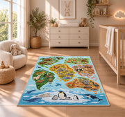 Blue Ocean Animal World Map Rug, Illustrated Geography Area Carpet for Kids Bedroom and Playroom - image 4
