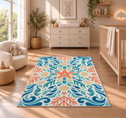 Turquoise Floral Scroll Rug, Coral Botanical Area Carpet for Bedroom and Decorative Living Room - image 4