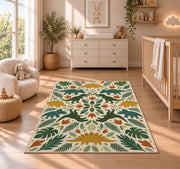 Green Botanical Floral Rug, Cream Leaf and Flower Area Carpet for Bedroom and Cozy Home Decor - image 4