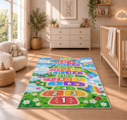 Rainbow garden hopscotch rug with numbers 1 to 20, room styling view 4