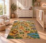 Safari animal hopscotch rug with lions, elephants and numbered stepping circles, displayed across a wood floor
