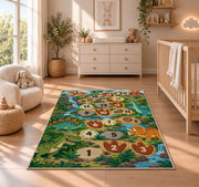 Green dinosaur hopscotch rug with prehistoric plants and numbered footprints, displayed across a wood floor