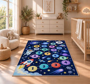 Navy galaxy hopscotch rug with colorful numbered planets, a rocket and astronaut, displayed across a wood floor