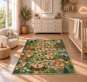 Woodland animal hopscotch rug with earthy numbered circles and green forest foliage, displayed across a wood floor