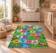 Rainbow adventure game rug with numbered colorful path tiles and activity prompts, displayed across a wood floor
