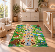 Green animal footprint hopscotch rug with colorful numbers, flowers and friendly animals, displayed across a wood floor