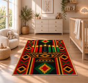 Kwanzaa Kinara Rug in a nursery beside a crib and dresser
