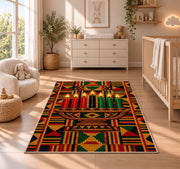 Kente Pattern Kwanzaa Rug in a nursery beside a crib and dresser