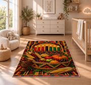 Kwanzaa Harvest Basket Rug in a nursery beside a crib and dresser