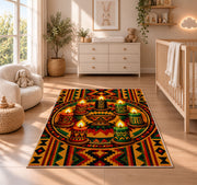 Seven Candles Kwanzaa Rug in a nursery beside a crib and dresser