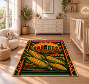 Kwanzaa Corn Rug in a nursery beside a crib and dresser