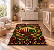 Kwanzaa Wreath Rug in a nursery beside a crib and dresser