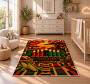 African Sunset Kwanzaa Rug in a nursery beside a crib and dresser