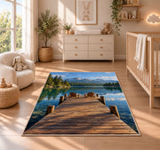 Lake dock with Adirondack chairs rug in a nursery beside a crib and dresser