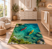 Kayaks on turquoise lake rug in a nursery beside a crib and dresser