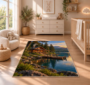 Lakeside log cabin at sunset rug in a nursery beside a crib and dresser