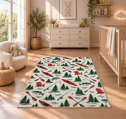 Lake life pattern rug in a nursery beside a crib and dresser