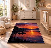 Lake sunset fishing rug in a nursery beside a crib and dresser