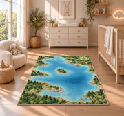 Illustrated lake map rug in a nursery beside a crib and dresser