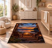Lakeside campfire with chairs rug in a nursery beside a crib and dresser