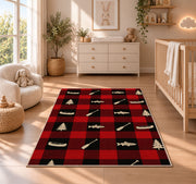 Buffalo plaid lake icons rug in a nursery beside a crib and dresser