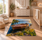 Classic wooden boat at dock rug in a nursery beside a crib and dresser