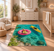 Pink float and yellow kayak rug in a nursery beside a crib and dresser