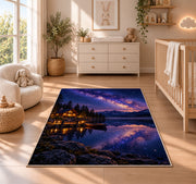Milky Way over lake cabin rug in a nursery beside a crib and dresser